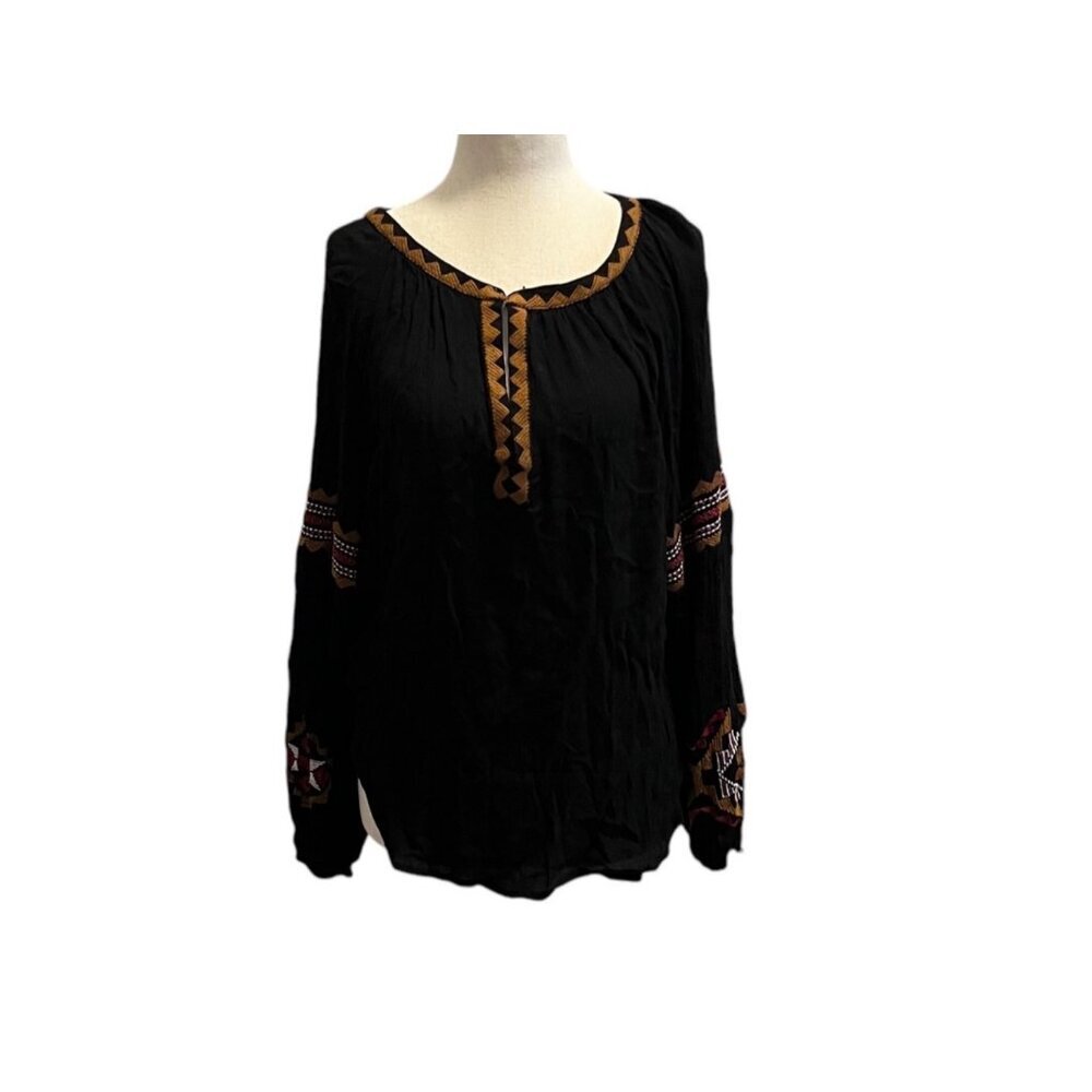 Forever 21 LARGE Black Embroidered Boho Peasant Blouse Womens Long Sleeve Top